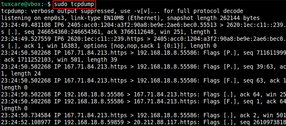 tcpdump command output